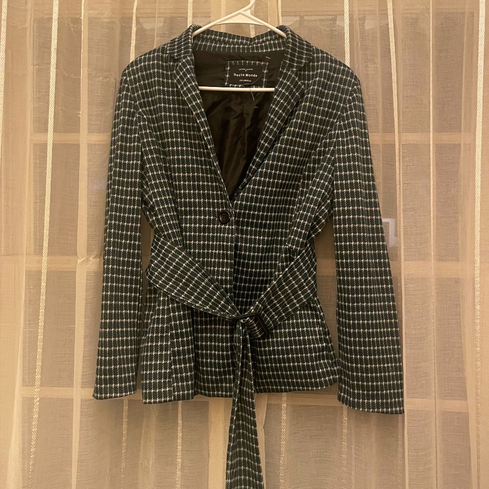 Dark green/blue geometric suit jacket with belt